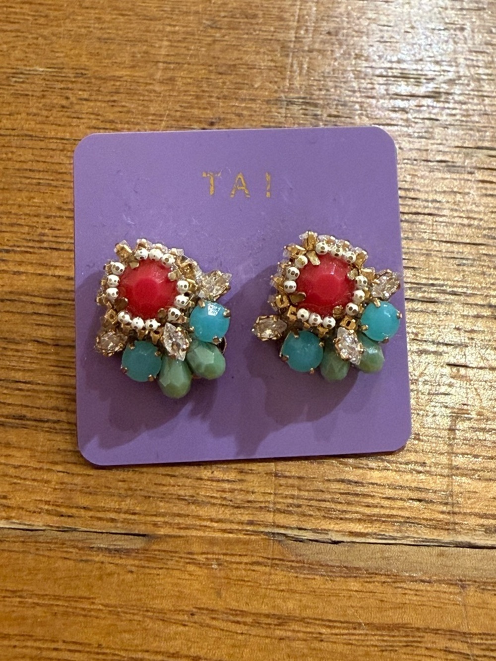 Gold-Tone Floral Cluster Earrings with Coral and Mint Accents - Picture 5 of 6